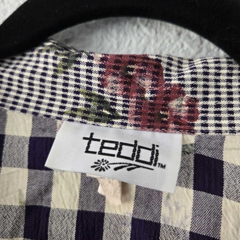 Teddi Vintage Mixed Print Gingham Floral Button Up Shirt Short Sleeve Purple L - Picture 5 of 6